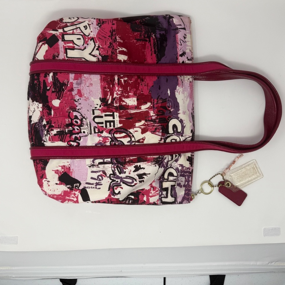 Coach Poppy Graffiti Tote Bag Pink Red Canvas Leather Trim Large Shoulder Bag - Picture 11 of 16